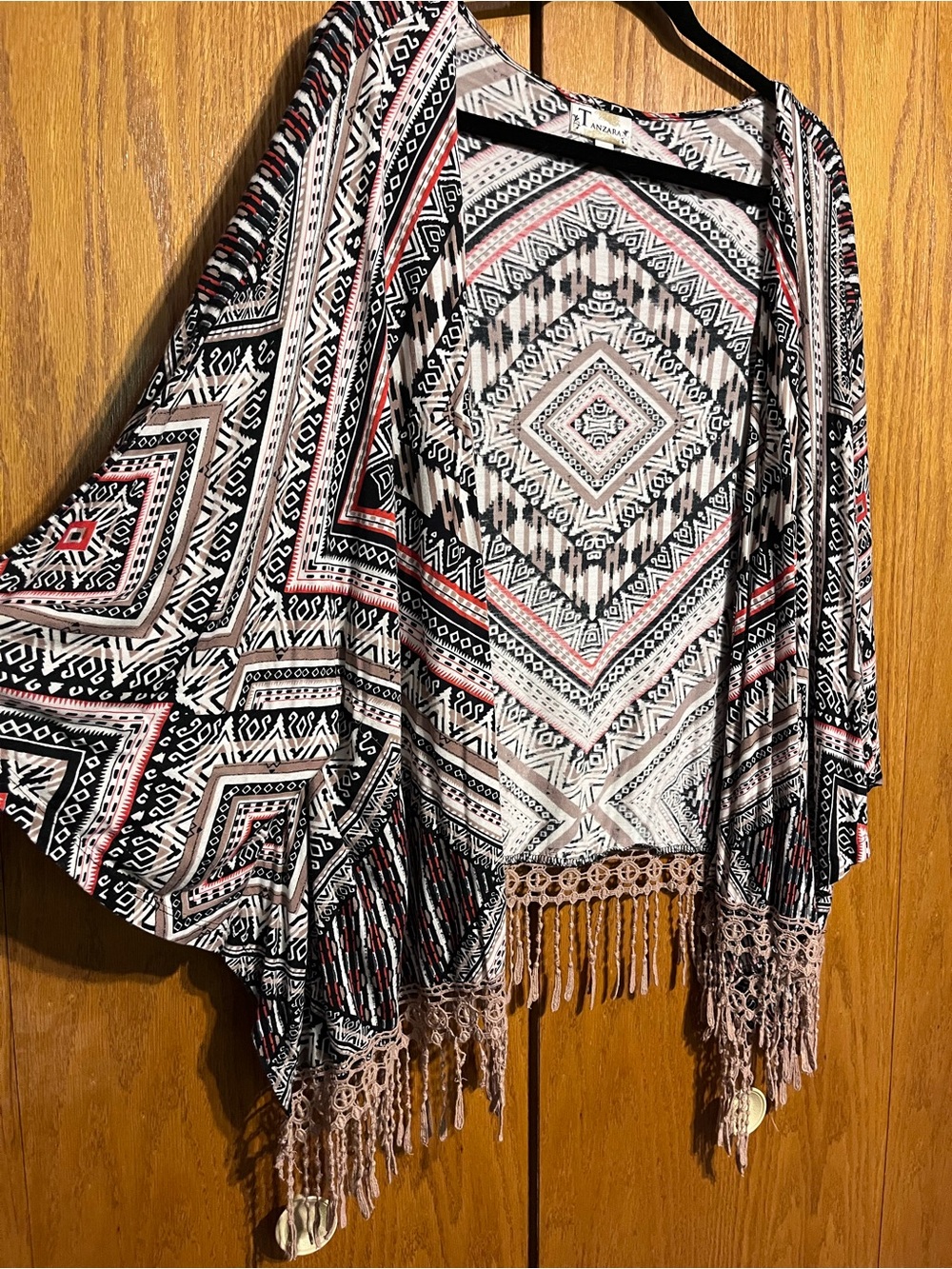 Fringed Aztec Pattern Kimono in Black, White & Red